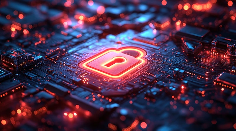 Futuristic Digital Landscape with Lock Symbol and Circuit Patter